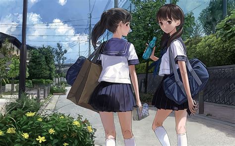 Anime, girl, going, school, uniform, Wallpaper HD | Wallpaperbetter