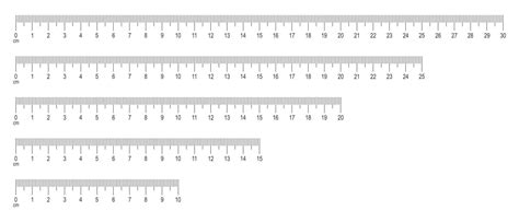 Scale of ruler with numbers set. Horizontal measuring chart with 30, 25, 20, 25, 10 centimeters ...