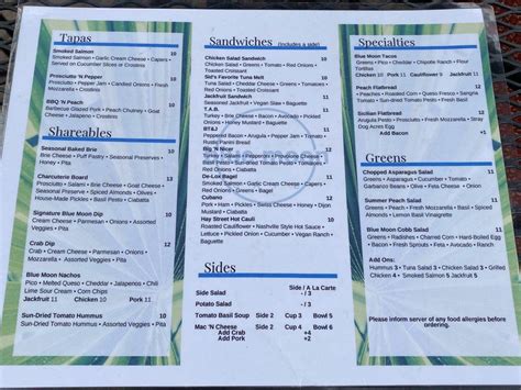 Menu at Blue Moon Cafe, Fayetteville