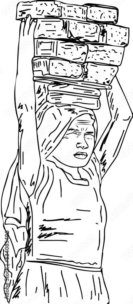 Download Stop child labour sketch drawing, young kid girl carrying bricks on her head outline ...