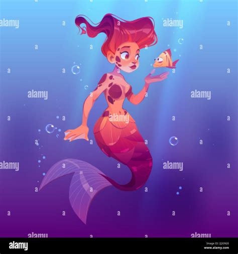 Cute mermaid with little fish underwater in sea. Vector cartoon person, beautiful girl fish with ...