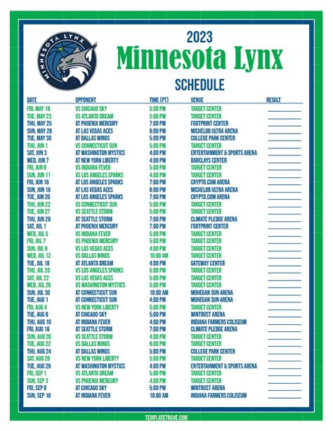 Printable2023 Minnesota Lynx Basketball Schedule