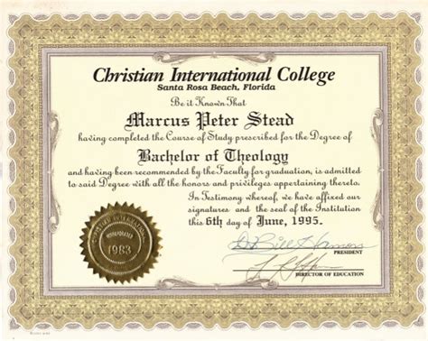 Bachelor of Theology Diploma from Christian Internation College