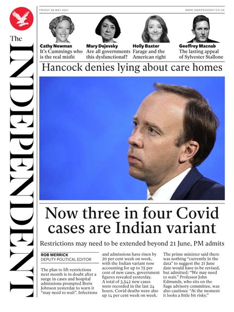 Independent Front Page 28th of May 2021 - Tomorrow's Papers Today!