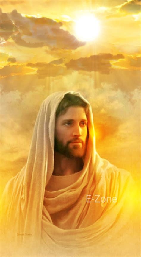 the face of jesus with clouds in the background and sunlight shining through his eyes,