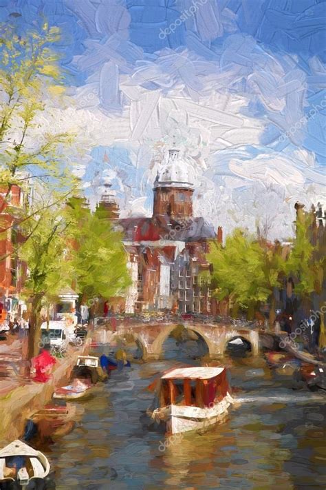 Ámsterdam ciudad en Holanda, obra de arte en estilo de pintura — Foto ...