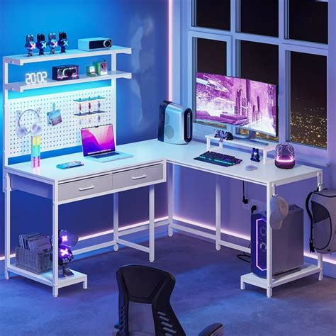 L Shaped Gaming Desk with LED Lights&Drawers for Home Office, Modern ...