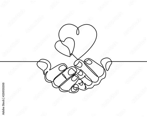 Continuous one line drawing. hands holding heart on white background. Black thin line of hand ...