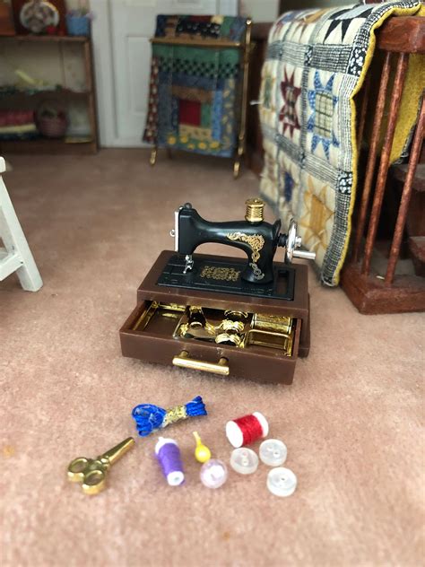 Miniature Sewing Machine with Accessories and Storage Drawer, Dollhouse Miniature, 1:12 Scale ...