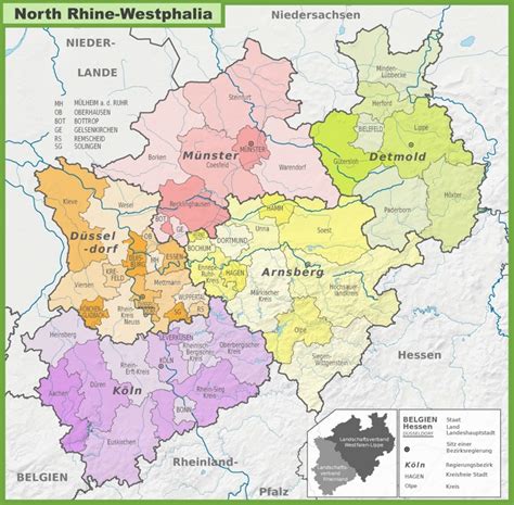 Administrative divisions map of North Rhine-Westphalia - Ontheworldmap.com