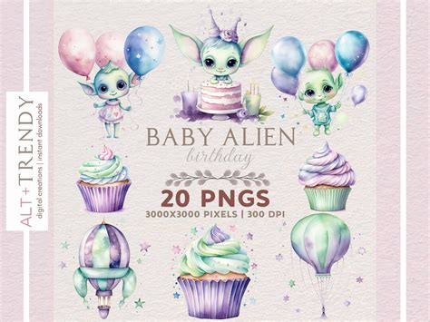 Alien Baby Birthday 20 Pngs Transparent Background Cute Alien Art Watercolor Clipart Birthday ...