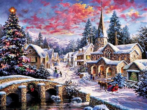 Christmas Village, christmas tree, snow, bridge, houses, painting, river, artwork, HD wallpaper ...