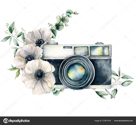 Watercolor card composition with camera and anemone bouquet. Hand ...