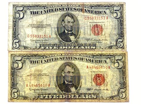 Lot - Lot Of 2 1953 $5 Dollar Red Seal Bill