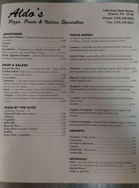 Menu at Aldo's Pizza & Pasta pizzeria, Sharon