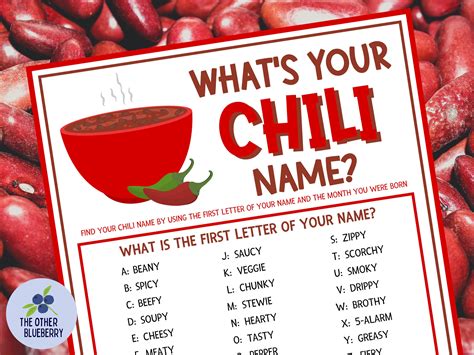 What's Your Chili Name Party Game With Nametags & Sign Chili Cookoff Icebreaker Chili Contest ...