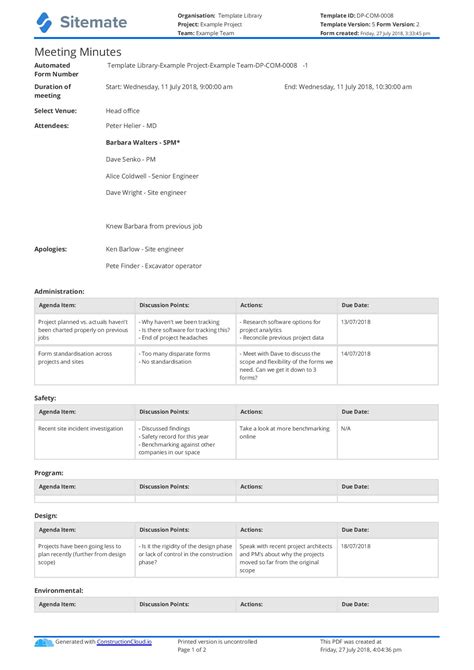 Construction Meeting Minutes Template: Instead of excel/word