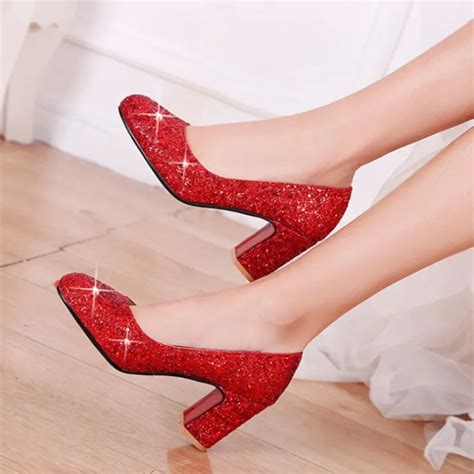 Fashion Glitter Women High Heels Comfortable Party Shoes Women Pumps Red Shoes Dress Thick Heel ...