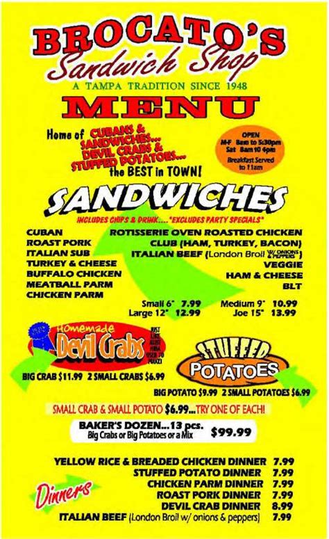 Brocato's Sandwich Shop menu in Tampa, Florida, USA