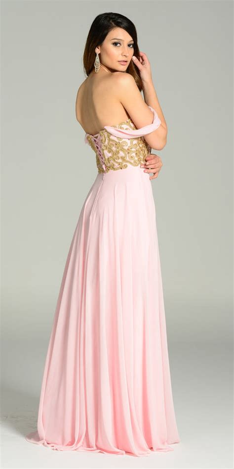 Full Length Chiffon Spanish Style Pink Gold Dress Off Shoulder Lace Ap – DiscountDressShop