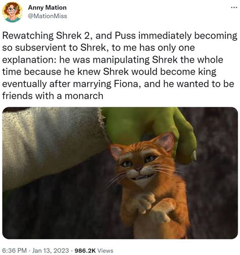 Rewatching Shrek 2, and Puss immediately becoming so subservient to Shrek, to me has only one ...