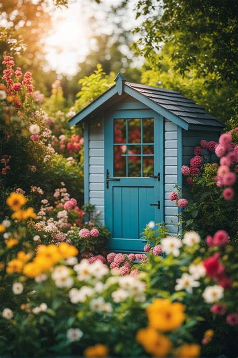 a small blue shed surrounded by flowers and trees