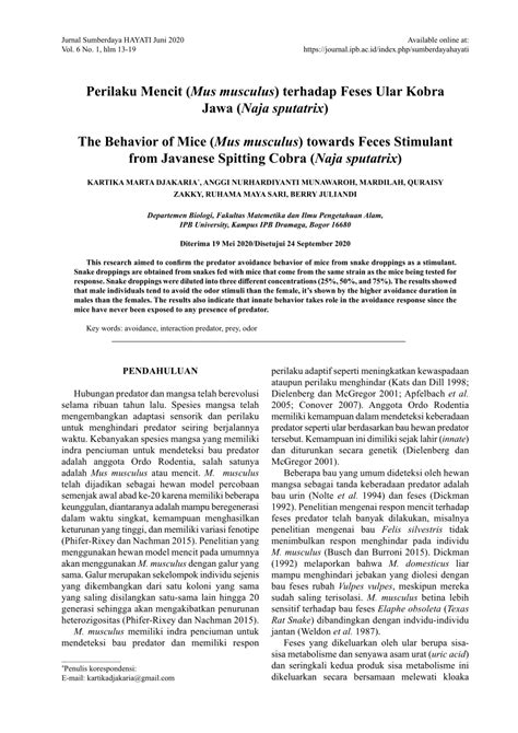 (PDF) Perilaku Mencit (Mus musculus) terhadap Feses Ular Kobra Jawa (Naja sputatrix) The ...