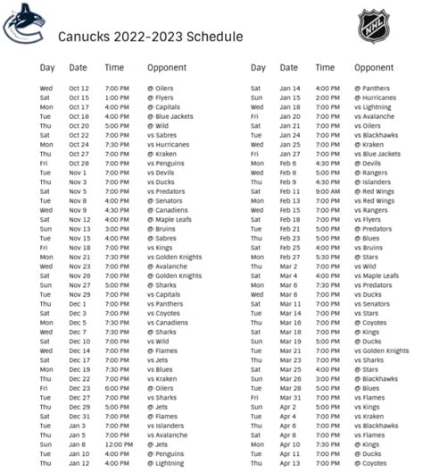 Vancouver Canucks 2022-23 Season Schedule