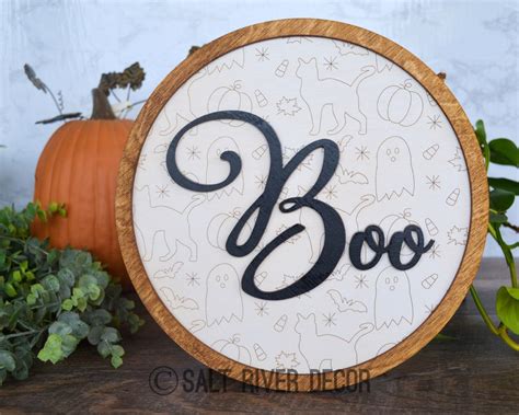 Boo Halloween Wood Sign Decor Circle Halloween Pattern Boo - Etsy