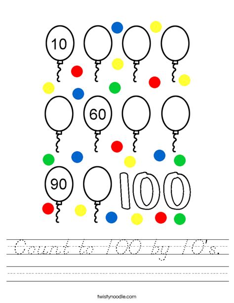 Count to 100 by 10's Worksheet - D'Nealian - Twisty Noodle