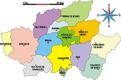 Mapa administrativo do distrito de Braga | Portugal mapa, Braga portugal, Concelhos