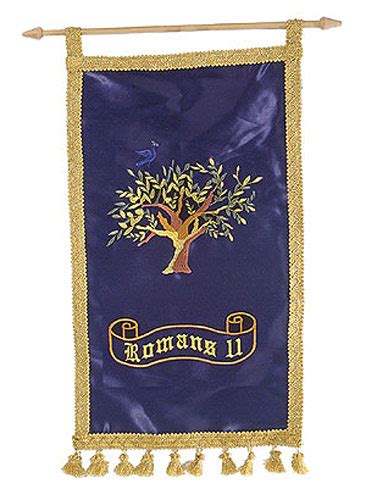 Romans 11 Olive Tree Banner -Blue/ Banderín Azul con Árbol de Olivo - Shofars From Afar