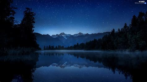 Fog, Night, lake, forest, Mountains - Nice wallpapers: 1920x1080