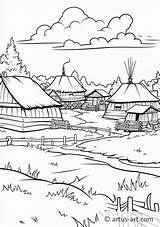 Native American Village Coloring Page » Free Download Artus Art sketch template