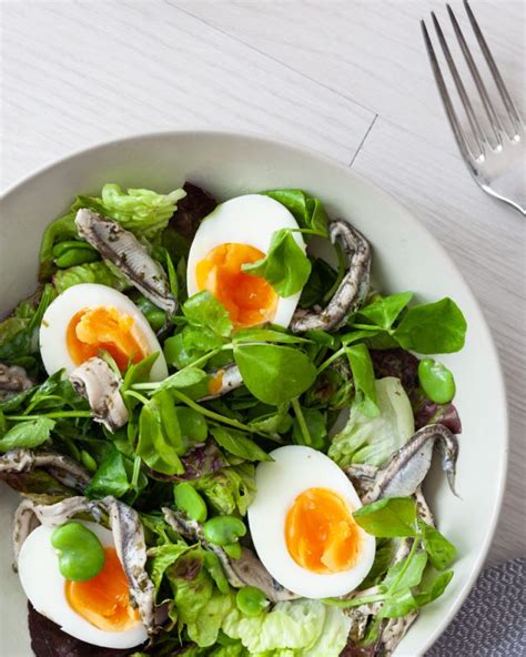 Egg and Anchovy Salad with pea shoots and broad beans - Elspeth Evans