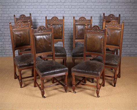 Set Of Eight Oak & Leather Dining Chairs C.1890. - Antiques Atlas