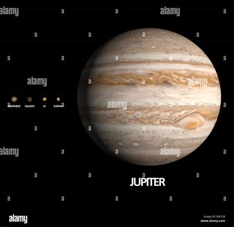 A rendered size comparison of the planet Jupiter and it's moons Stock ...