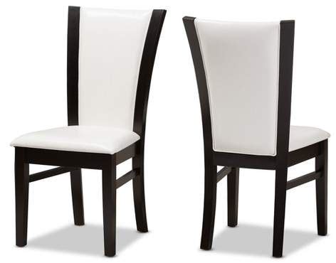 two white chairs sitting side by side on a white surface with black trimmings