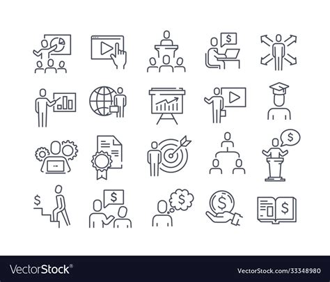 Set black and white business training icons Vector Image