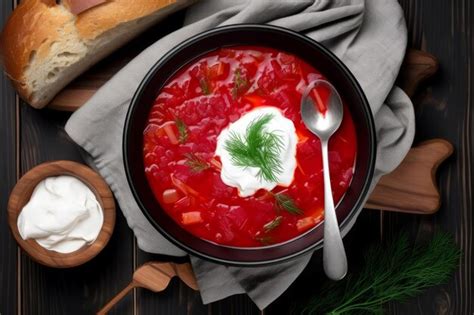 Premium AI Image | Borscht sour cream bowl Vegetable food Generate Ai