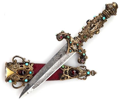 PETITE JEWELED DAGGER WITH MAROON FABRIC SCABBARD