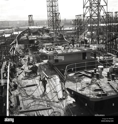 1950s, historical, a ship being built at the Harland and Wolff shipyard ...