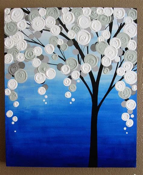 Blue and Gray 24x36 Textured Tree Art, Original Painting on Canvas ...