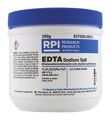 RPI EDTA Disodium Salt (Ethylenediaminetetra-acetic Acid, Disodium Salt Dihydrate), 250 g Powder ...