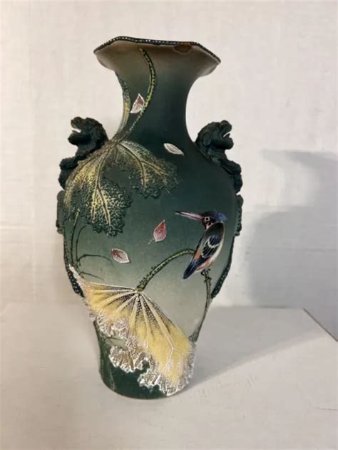 JAPANESE MORIAGE HAND-PAINTED Porcelain Vase dragon handles bird flowers green $403.75 - PicClick