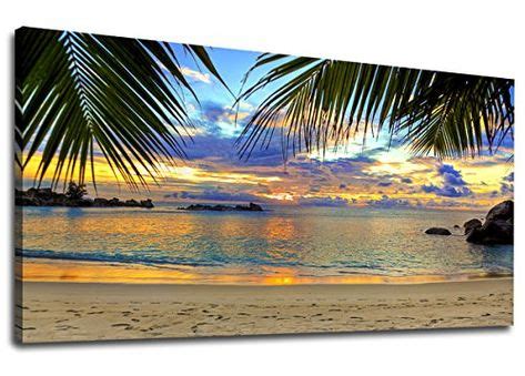 Canvas Wall Art Tropic Beach Sunset with Palm Tree Leaves Panoramic ...