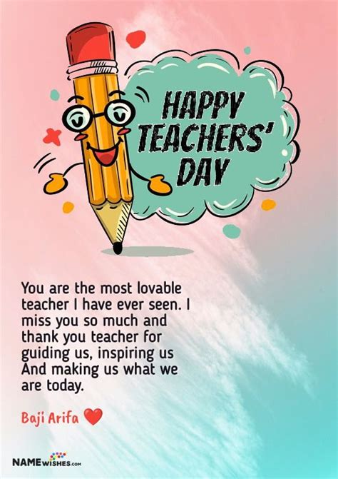 a happy teacher's day card with a cartoon pencil character holding a pen and smiling