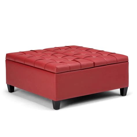Simpli Home Harrison 36 in. Wide Transitional Square Coffee Table Storage Ottoman in Crimson Red ...