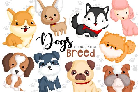 Dog Breeds Clipart Cute Dogs Clip Art Graphic By Inkley Studio ...