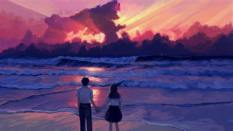 HD wallpaper: anime, illustration, landscape, sea, sunset, painting, digital art | Wallpaper Flare